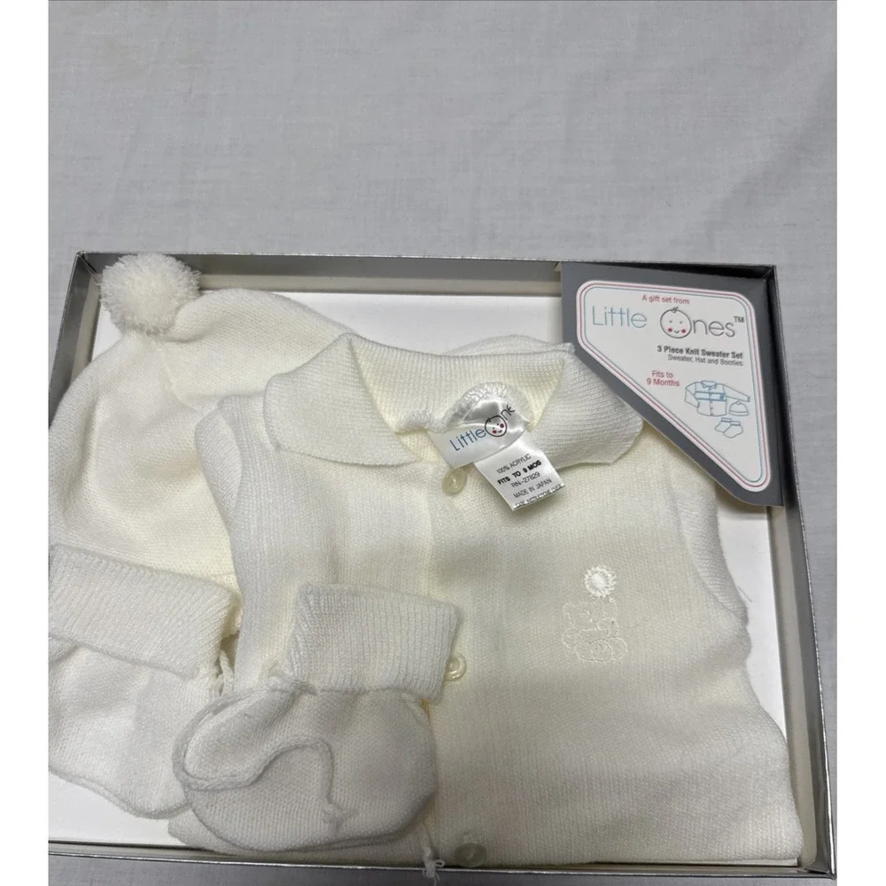 Little Ones 3-Piece Knit Sweater Set for Newborn Baby Solid White Baptism Vtg